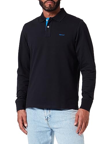 GANT Męska koszulka polo REG Contrast Pique LS Rugger, czarna, standardowa, czarny, S
