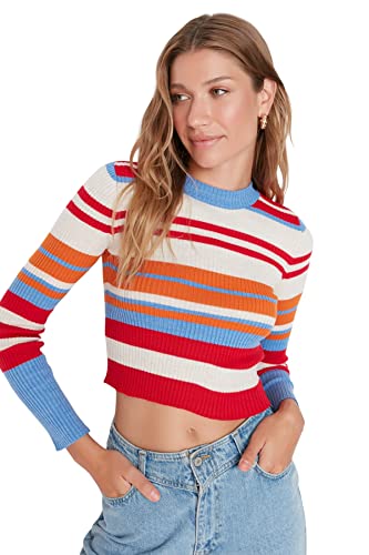 Trendyol Damska bluza z kapturem w paski z wysokim dekoltem, jasnoniebieska, L, Jasnoniebieski