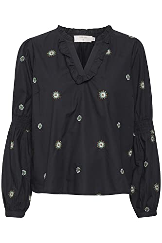 Cream Damska bluzka Embroidery V-Neck Frill Details, Pitch Black, 38