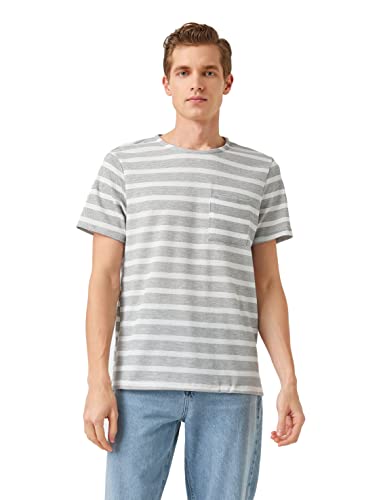 Koton Męski T-Shirt w paski, z kieszenią, Szary pasek (08K), M