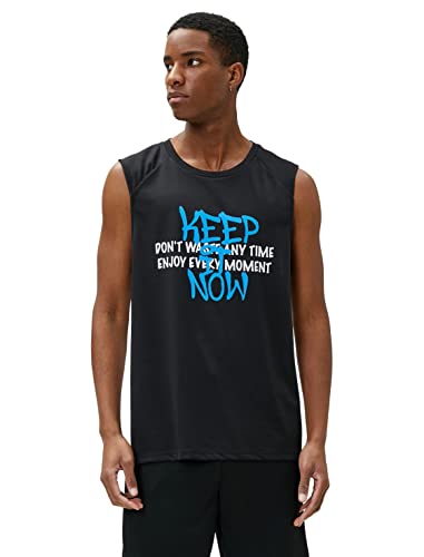 Koton Męski sportowy tank top z nadrukiem z nadrukiem Crew Neck Sleeveless, czarny (999), M