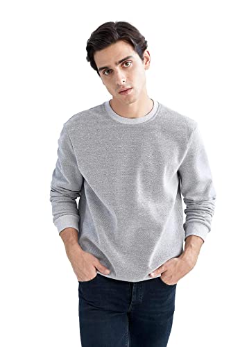 DeFacto Męski sweter z długim rękawem – okrągły dekolt bluza męska (szary melanż, XXL), szary melanż, XXL