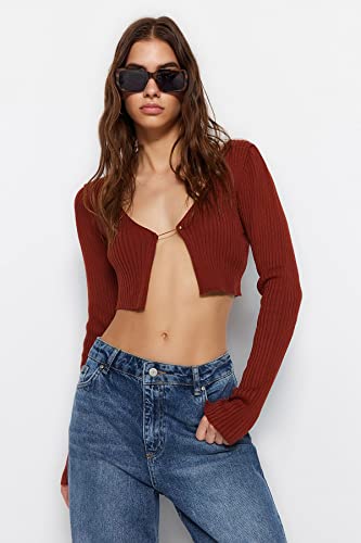 Trendyol FeMan Slim Fit Basic kardigan z dzianiny z dekoltem w serek, brązowy, S, Brązowy, S