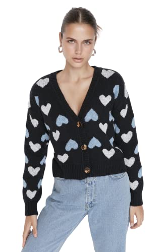 Trendyol Damski standardowy standardowy kardigan z dzianiny z dekoltem w serek, granatowy, M