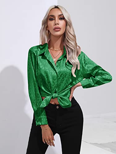 Clotth Damska koszula satynowa w leopard, koszula z długim rękawem z satynowego jedwabiu Button Down Shirt, zielony-l, L