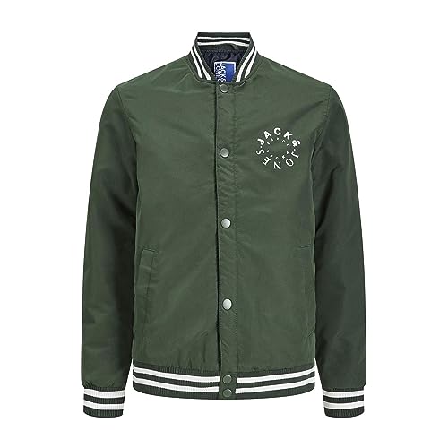 JACK&JONES JUNIOR Jjwarrior College Bomber Jnr kurtka chłopięca, Mountain View/Detail:white Logo + Stripe Ribbing, 176
