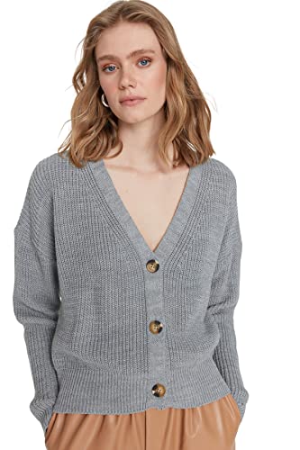 Trendyol Damski kardigan z długim rękawem i dekoltem w serek, regularny szary, Szary, L