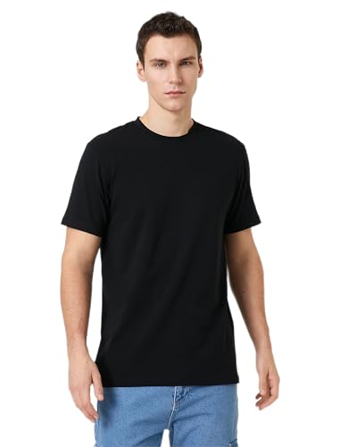Koton Męski T-shirt Basic Short Sleeve Crew Neck Slim Fit, czarny (999), L