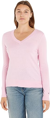 Tommy Hilfiger Damski sweter CO Jersey Stitch V-NK Swetry, Iconic Pink, L, Kultowy różowy, L