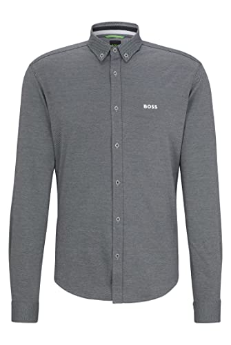 BOSS BIADO R Regular -Fit męska koszula z bawełny piqué-jersey z kołnierzem na guziki, granatowy, S