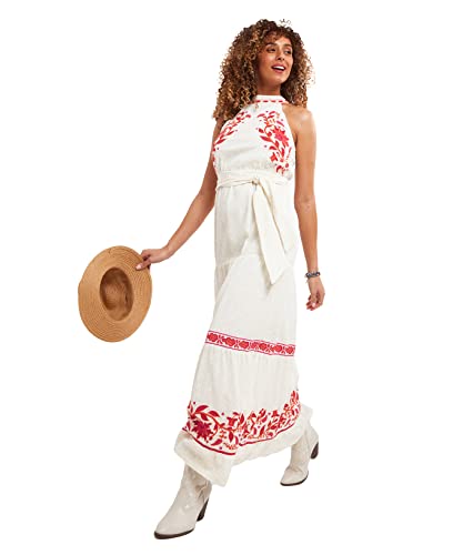 Joe Browns Damska sukienka maxi z haftem, wiązana na szyi, 18, naturalna, naturalny, 44