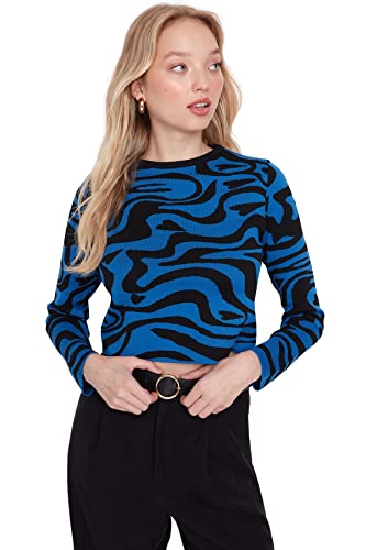 Trendyol Damska bluza z okrągłym dekoltem z nadrukiem zwierzęcym, niebieska, M, NIEBIESKI
