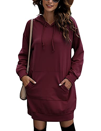 Sykooria Damska bluza z kapturem sukienka sweter z długim rękawem basic bluzy z kapturem topy bluza sukienka czerwone wino S, czerwone wino, S