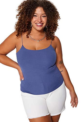 Trendyol Damska dopasowana bluzka basic z okrągłym dekoltem w szpic plus size, indygo, 3XL, Indygo, 3XL
