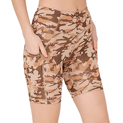 LOS OJOS Camo damskie spodnie rowerowe, wysoka talia, wyszczuplające brzuch, legginsy do treningu kamuflażowego dla kobiet, beżowy-khaki, S