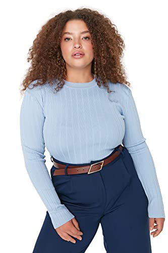 Trendyol Damska bluzka z okrągłym dekoltem z okrągłym dekoltem plus size bluzka koszula, Jasnoniebieski, 5XL