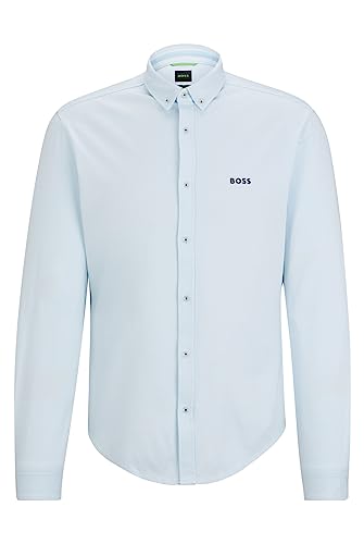 BOSS BIADO R Regular -Fit męska koszula z bawełny piqué-jersey z kołnierzem na guziki, Open Blue, M