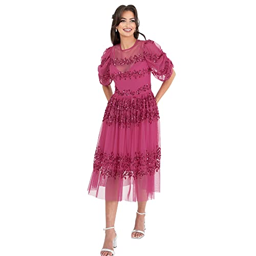 Maya Deluxe Damska sukienka Midi Ladies Sequin Embellished Short Sleeve Dress for Wedding Guest Bridesmaid Balowa Evening Occasion sukienka, Fuchsia, 58