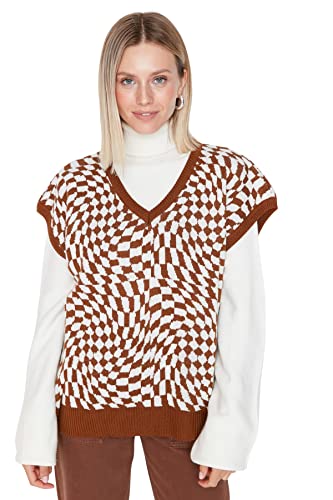 TRENDYOL Damska kamizelka z dekoltem w serek, w kratkę, regularna, brązowa, XL, brązowy, XL