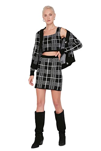 Trendyol Damskie spodnie żakardowe w kratę z panelami szczegółowe grube dzianinowe swetry dwuczęściowy zestaw, Czarny, M