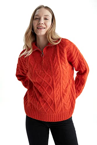 DeFacto Sweter normalny krój dla kobiet - sweter z golfem na topy damski (pomarańczowy, M), pomarańczowy, M