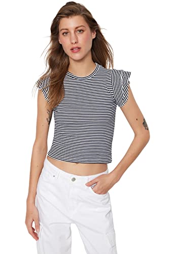 Trendyol Damska bluzka z dzianiny slim basic wiązana na szyi, granatowy, L