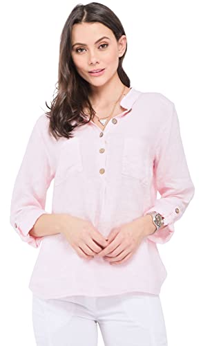 Bonateks damska top 100% lniana tunika Made in Italy, zapinana na guziki bluzka z kołnierzem tunezyjskim z kieszeniami z przodu, różowa, rozmiar: M, Różowy, M