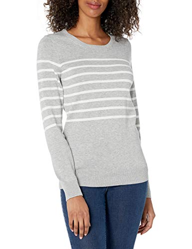 Amazon Essentials Damski sweter z długim rękawem i okrągłym dekoltem (dostępny w rozmiarze plus), jasnoszary wrzosowy/biały, w paski, duży