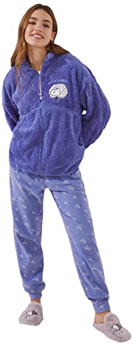 women'secret Damski kalandrowany płaszcz z jagnięcej skóry z kapturem i zamkiem błyskawicznym na przedniej stronie szlafrok i kimono, zadrukowany niebieski, 36, Z nadrukiem, niebieski, S