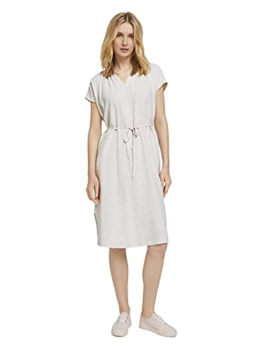 TOM TAILOR Damski Lniana sukienka midi marszczona 1025884, 27037 - Offwhite Thin Stripe Woven, 38