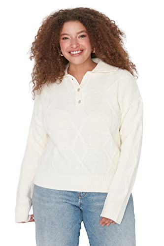Trendyol Damski sweter z dzianiny plus size Regular Shift Polo Neck Plus Size, Ecru, 4XL