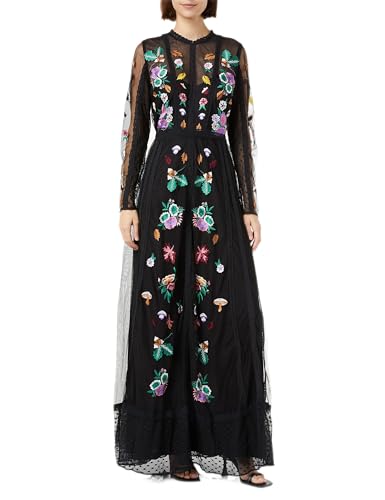 Frock and Frill Damska kwiecista haftowana sukienka na specjalne okazje, czarna, 12, Czarny, 38