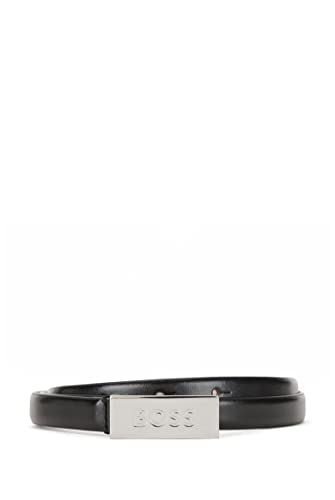 BOSS Kobiet Bursztynowy pas 1,5 cm włoski skórzany pasek z logo Tabliczka, Black2, 75, Czarny 2, 75