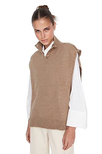 TRENDYOL Damska bluza z dzianiny z czerwonym kołnierzem, kolor Mink Color, M, Mink Color, M