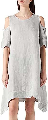 Bonateks, Wyblakła sukienka o średniej długości, okrągłym kołnierzu i otwartych ramionach, 100% len, rozmiar DE: 40 rozmiar US: L, jasnoszary - wyprodukowano we Włoszech, szary, 40