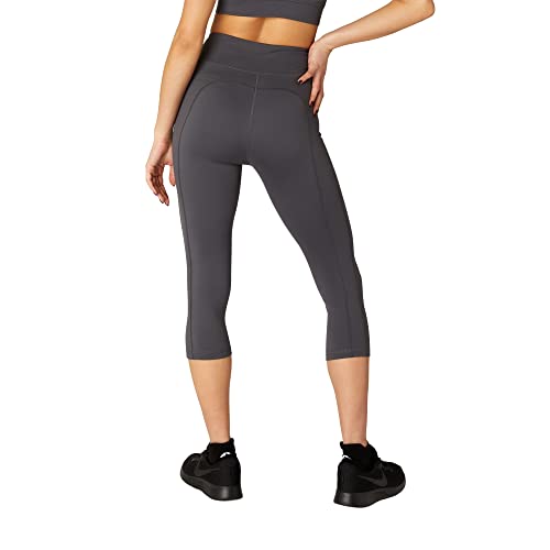 FM London, Legginsy gimnastyczne z kieszeniami, damskie, wysokiej talii, pełnej długości i z wzorem Capri, bez szwu do fitnessu i jogi, oddychające legginsy sportowe o wygodnym designie, Szary (Węgiel