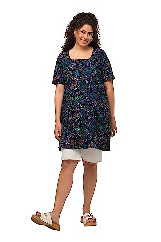 Ulla Popken Damska koszulka z długim rękawem, nadruk kwiatowy, dekolt Carree, koszulka z długim rękawem, czarny, 54/56