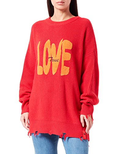 True Religion Damski sweter Destroyed Oversized Love Pullover, RED, standardowy