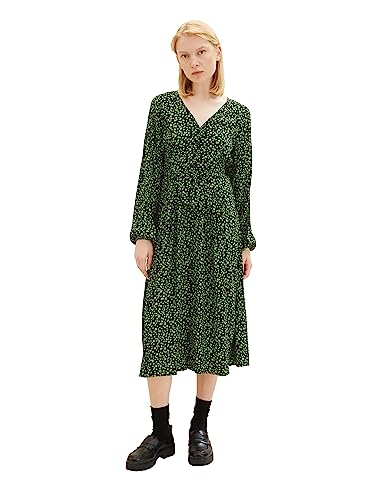 TOM TAILOR Denim Damska sukienka w kwiaty midi z listwą guzikową i detalami wiązania, 32433-black green flower print, XXL, 32433-Black Green Flower Print, XXL