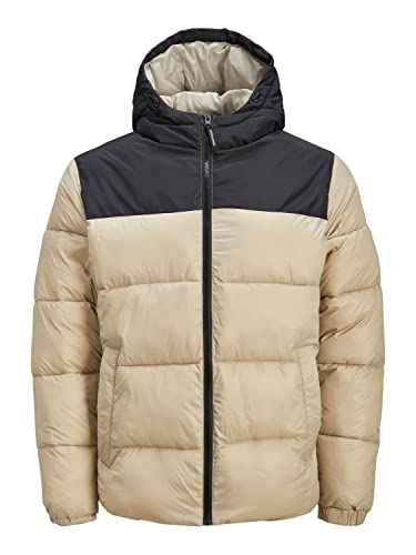 JACK & JONES Męska kurtka puchowa JJETOBY Puffer Hood SN, Crockery/Detail:Black Blocking, L, Crockery/Detail:black Blocking