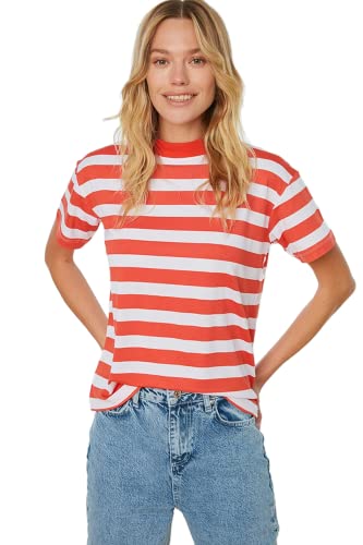 Trendyol Damska koszulka z dzianiny podstawowej standardowej z płaskim kołnierzem, Czerwony, S