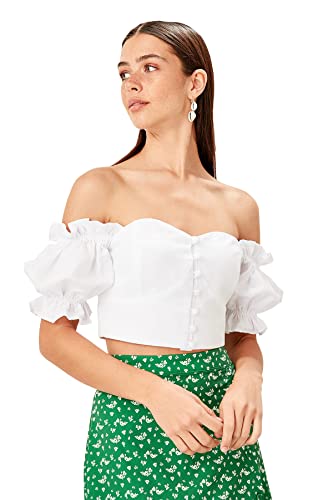 Trendyol Damska bluza ECU Button Detailed Crop Woven Blouse, ecru, 40