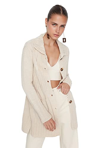 Trendyol Damski zwykły standardowy standardowy kardigan z klapą kołnierz dzianinowy, BEŻOWY, L