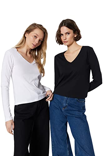 Trendyol Damska koszulka z dzianiny o regularnym kroju z dekoltem w serek, Czarny, biały, S