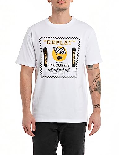 Replay Męski T-shirt z krótkim rękawem, okrągły dekolt, Bikes Specialist, Biały 001, XS