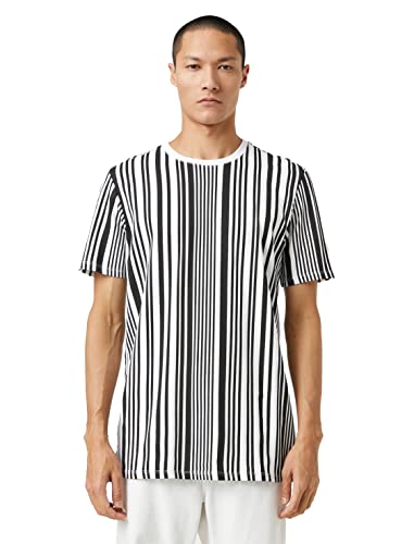Koton Męski T-shirt Basic z okrągłym dekoltem i krótkim rękawem, Black Stripe (02N), XL