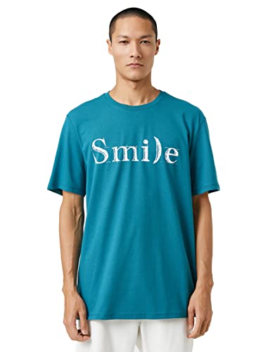 Koton Męski T-shirt Basic z nadrukiem z okrągłym dekoltem, Petrol (700), M