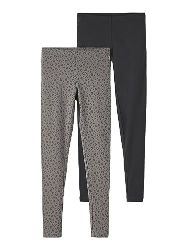NAME IT Dziewczęce legginsy Noos 2P, czarne/AOP: pakowane z granitem (AOP), 110/116, czarny/rozmiar: zapakowany z granicą (Aop), 110/116 cm