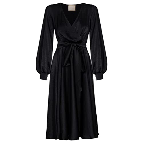 Swing Fashion Damska sukienka midi | elegancka sukienka odświętna sukienka na imprezę, suknia wieczorowa, suknia ślubna, sukienka balowa, dekolt w serek, długi rękaw, czarny, S