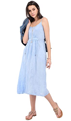 Bonateks damska sukienka 100% lniana wyprodukowana we Włoszech, długa sukienka z koronką z przodu i kieszeniami, niebo, rozmiar: XL, Niebo, XL